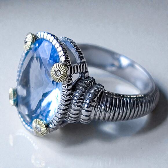 Judith Ripka 925 Silver Blue Quartz Diamond Ring 18k Gold Accent Cocktail - Picture 3 of 8